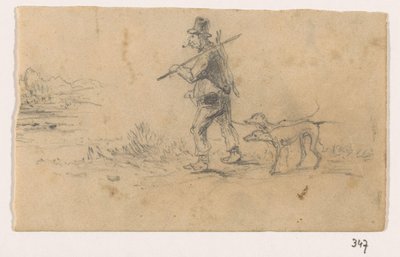 Jeger med hunder og en hare på ryggen av Johannes Tavenraat (signed by artist)