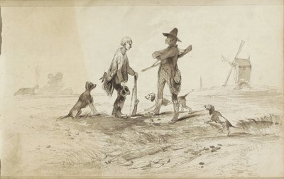 Jegere med hunder i et landskap med en vindmølle av Johannes Tavenraat