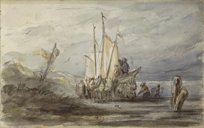 Hest og vogn på en kysten nær et seilskip av Johannes Tavenraat