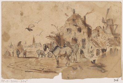 Spennede hester foran et hus av Johannes Tavenraat