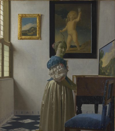En ung kvinne som står ved et Virginal-senter av Johannes Vermeer