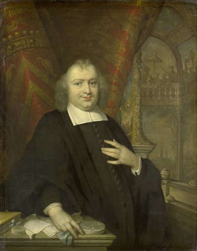 Portrett av Gaspar Fagel, Grand Pensionary of Holland etter 1672 i bakgrunnen er Møtehallen i Statene Holland på Binnenhof i Haag av Johannes Vollevens (I) (copy after)