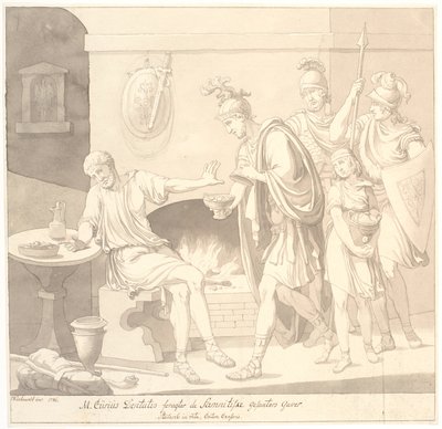 "M. Curius Dantatus foragter de Samnitiske Gesanters Gaver./ Plutach: in vita. Cato the Censor." av Johannes Wiedewelt
