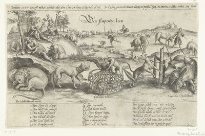 Den sovende løve, 1567 The Sleeping Lion (tittel på objekt) Fire allegorier om hendelsene mellom 1576-1579 i Nederland (serietittel) av Johannes Wierix (attributed to)