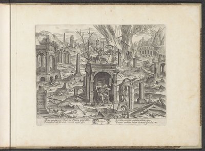 Alder fra 80 år til død; ruinen 5. Ruyne (tittel på objekt) Six Ages of Man / Six Building Orders (serietittel) Teater Vitæ Humanæ (serietittel) av Johannes Wierix