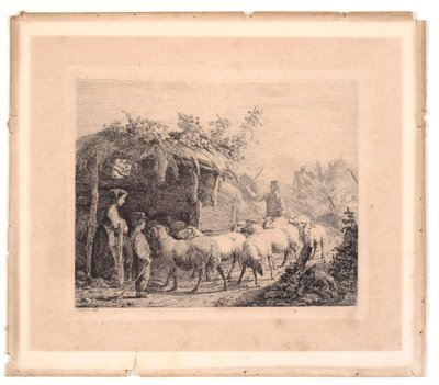 En flokk med sauer blir kjørt inn i en låve av Johannes Wilhelm Zillen