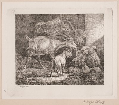 En geit, en unge og kaniner i en låve av Johannes Wilhelm Zillen