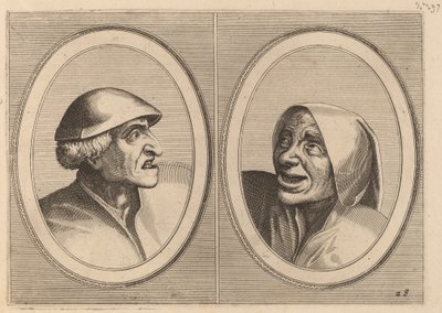 "Tyvaktige Tijs" og "Sneeze Spoel-de-Nap" av Johannes and Lucas van Doetechum after Pieter Bruegel the Elder