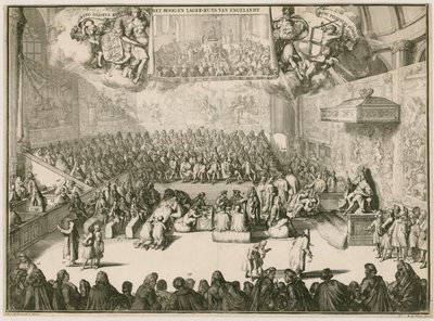 En sesjon i Underhuset med George II på tronen av Johannes and Mortier, Cornelis Covens
