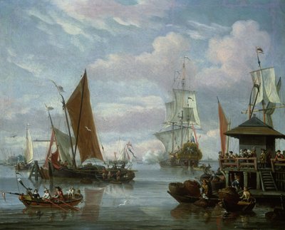 Elvemunningsscene med båter og fisker av Johannes de Blaauw