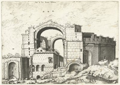 Gezicht op de Sint Pieter i Roma Deformasjon av Aedis D. Peter Romana (tittel på objekt) Romerske ruiner, 1561 (serietittel) av Johannes of Lucas van Doetechum (attributed to)