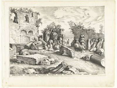 Hage med fragmenter av antikke statuer Romerske ruiner, 1561 (serietittel) av Johannes of Lucas van Doetechum (attributed to)