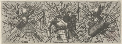Fris med hjelm, skjold og kryssede pinnevåpen og armbrøst til venstre Panoplia sev armamentarium... (serietittel) av Johannes of Lucas van Doetechum