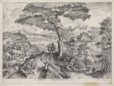 Landskap med hvilende soldater Milites Requiescentes (tittel på objekt) Store landskap (serietittel) av Johannes of Lucas van Doetechum