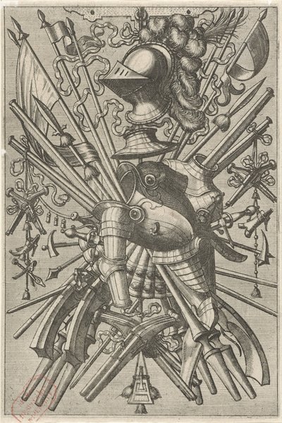 Overflatedekorasjon, bestående av et våpentrofé Overflatedekorasjoner og friser med trofeer (serietittel) av Johannes of Lucas van Doetechum