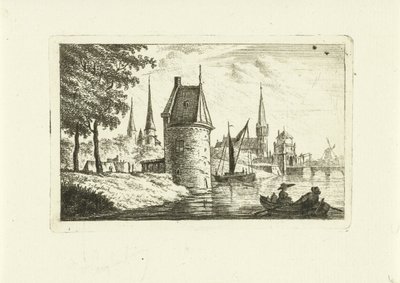 Bybilde med tårn ved elven av Johannes van Cuylenburgh