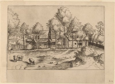 Landsby med kirke av Johannes van Doetechum, the Elder and Lucas