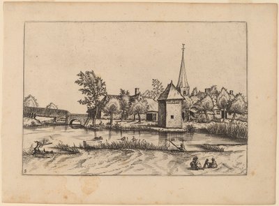 Landsby med kirke og bro av Johannes van Doetechum, the Elder and Lucas