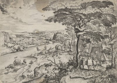 Skal til Emmaus-landskapet med pilegrimer ved Emmaus, ca. 1555-56. Skapere: Johannes van Doetecum I, Lucas van Doetecum. av Johannes and Lucas van Doetecum