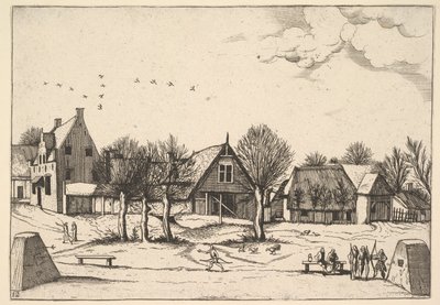 Country Village, bueskyttere i forgrunnen fra Multifariarum casularum ruriumque linea..., 1559-61. av Johannes van Doetecum I