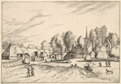 Landsby med kirketårn fra Multifariarum casularum landlige funksjoner cur..., 1559-61 av Johannes van Doetecum I