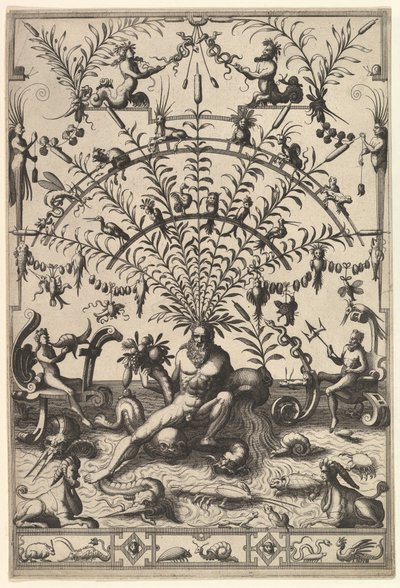 Moderne grotesk dekorasjon med en elvegud, 1557. av Johannes van Doetecum I