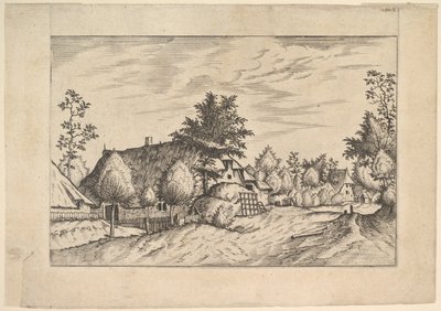 Landsbygate, høy stablet foran en gård fra Praediorum villarum et rusticar..., ca. 1559-61. av Johannes van Doetecum I