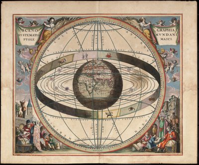 Scenografi av den ptolemaiske kosmografien Fra Andreas Cellarius Harmonia Macrocosmica, ca. 1660 av Johannes van Loon