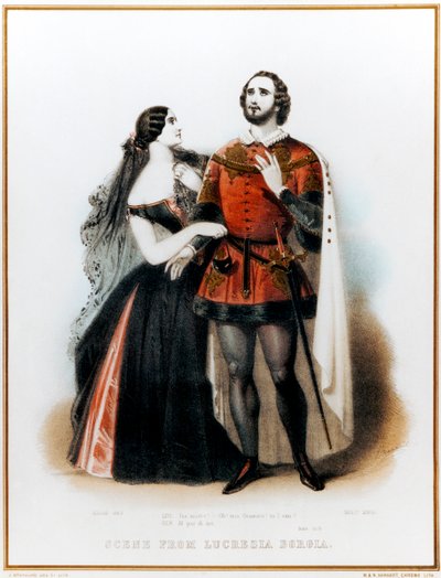 Gaetano Donizettis Opera Lucrezia Borgia - Introduksjon til Scene II med Mario (italiensk tenor: 1810-1883) og Grisi (1811-1869) i London, HM Theatre Production, 6. juni av John (after) Brandard