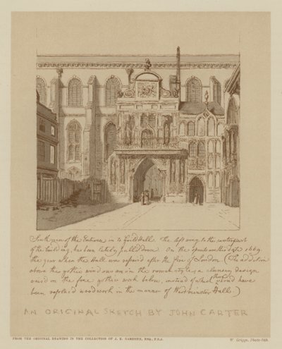Sørutsikt over inngangen til Guildhall, City of London (litho) av John (after) Carter