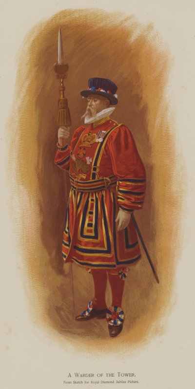 A Warder of the Tower (farge litho) av John (after) Charlton