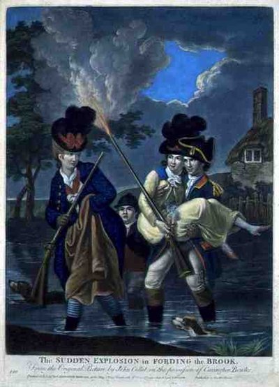 En plutselig eksplosjon i Fording the Brook, pub. av Carington Bowles (fl.1744-93) (mezzotintgravering) av John (after) Collet
