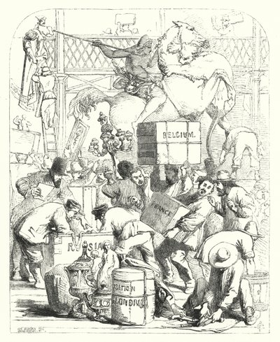 Ankomst av varer som skal stilles ut på den store utstillingen i 1851, Crystal Palace, Hyde Park, London (gravering) av John (after) Gilbert