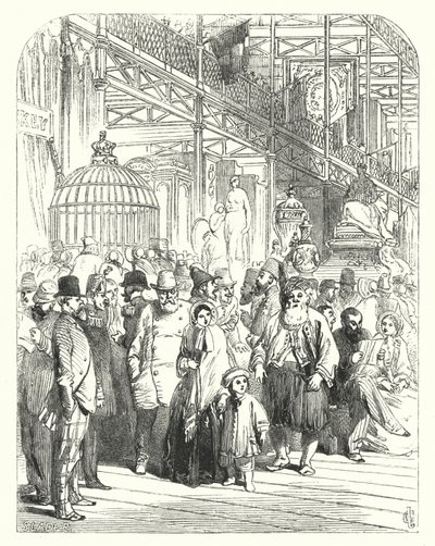 Utstillere og besøkende i Crystal Palace, Hyde Park, London, stedet for den store utstillingen i 1851 (gravering) av John (after) Gilbert