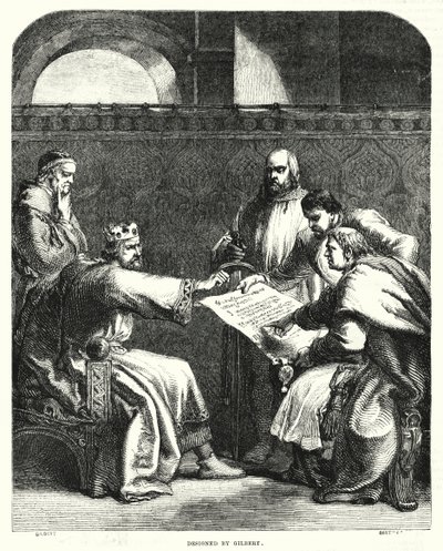 Kong John nektet å signere Magna Charta i Oxford, i 1215 (gravering) av John (after) Gilbert