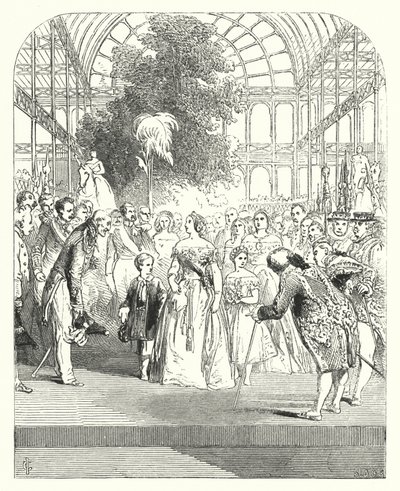 Dronning Victoria og barna hennes besøker den store utstillingen fra 1851, Crystal Palace, Hyde Park, London (gravering) av John (after) Gilbert