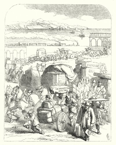 Skip og tog som bringer besøkende til den store utstillingen i 1851, Crystal Palace, Hyde Park, London (gravering) av John (after) Gilbert