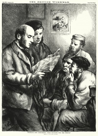 Arbeidende menn diskuterer "Gratis søndager for folket" (gravering) av John (after) Gilbert