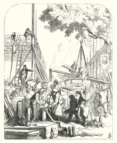 Arbeidere på stedet for Crystal Palace, Hyde Park, London, stedet for den store utstillingen i 1851 (gravering) av John (after) Gilbert