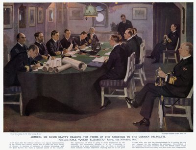Admiral Sir David Beatty leser vilkårene for våpenhvilen for de tyske delegatene, forkabinen HMS Queen Elizabeth, Rosyth av John (after) Lavery