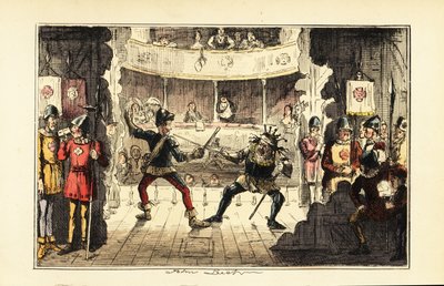 Skuespillere som spiller Henry Tudor som kjemper mot kong Richard III av England på scenen i et teater av John (after) Leech