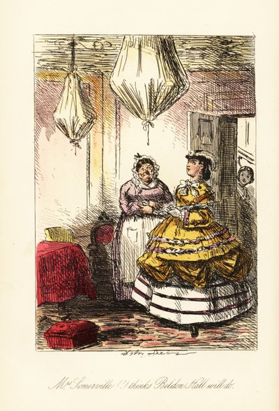 Engelsk dame kartlegger et fancy rom med dekkede møbler og lysekroner i brun-holland ballonger av John (after) Leech