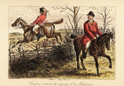 Huntsman hopper et gjerde på et gammelt mas og forstyrrer flokken med jakthunder av John (after) Leech