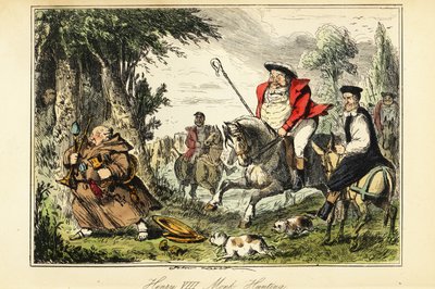 Kong Henry VIII i viktoriansk jaktantrekk med en hyrdeskurk på hesteryggen som jager en katolsk munk som flykter med kirkegull av John (after) Leech