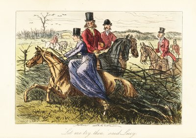 Dame som rir sidesadel på en hest som sitter fast i et gjerde under en revejakt av John (after) Leech