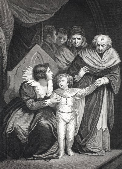 Elizabeth Woodville overgir sønnen sin (litho) av John (after) Opie