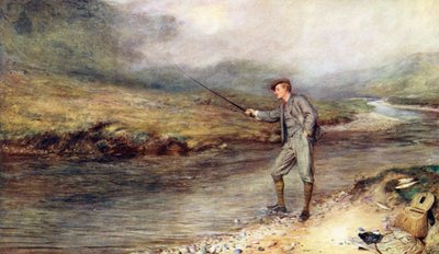 Ørretfiske i høylandet (farge litho) av John (after) Pettie