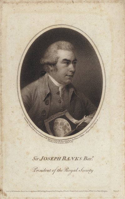 Sir Joseph Banks , engelsk naturforsker, botaniker og president for Royal Society (gravering) av John (after) Russell