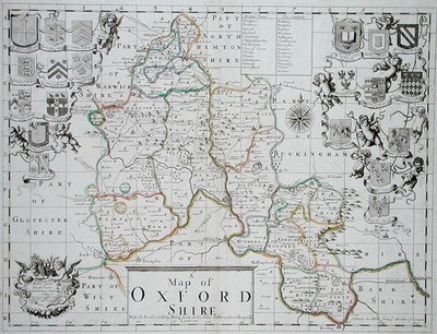 Kart over Oxfordshire, gravert og håndkolorert av John Oliver og Richard Palmer, utgitt av Philip Lea, ca. 1690 (fargegravering) av John (after) Sellar