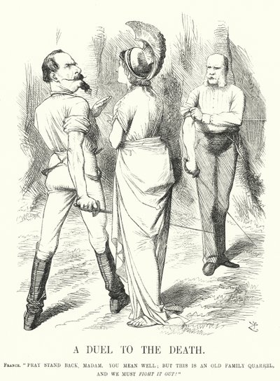 Punch tegneserie: A Duel to the Death - den fransk-prøyssiske krigen (gravering) av John (after) Tenniel